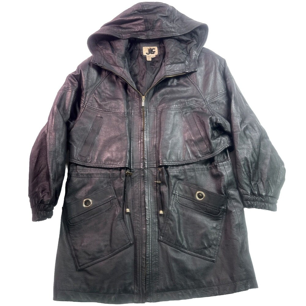 VTG 90s JLC Women's Black Leather Long Coat / Jacket with hood size Medium.